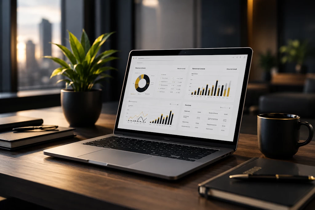 Laptop showing business analytics dashboard for Double 8 Productions